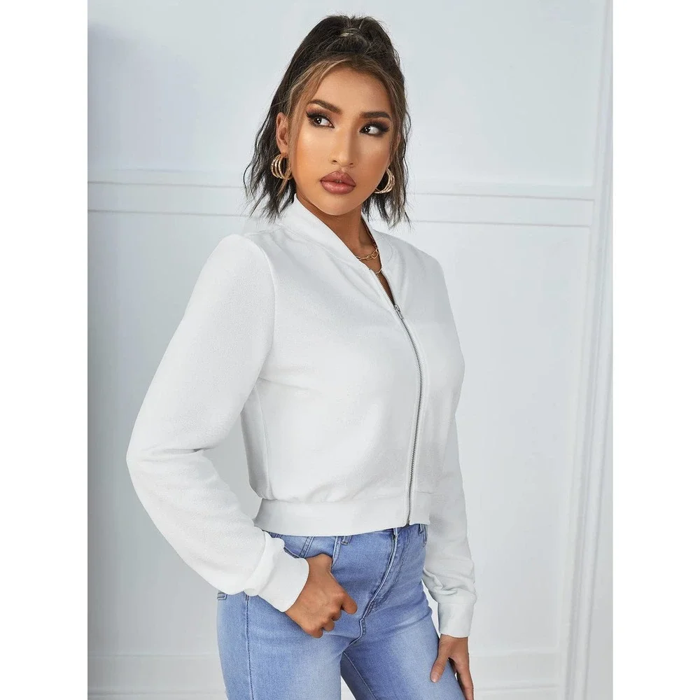 Zip Up Crop Bomber Jacket white 💙 - Picture 5 of 11